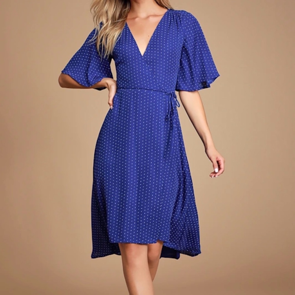 Lulu's Royal Blue Polka Dot Midi Wrap Dress